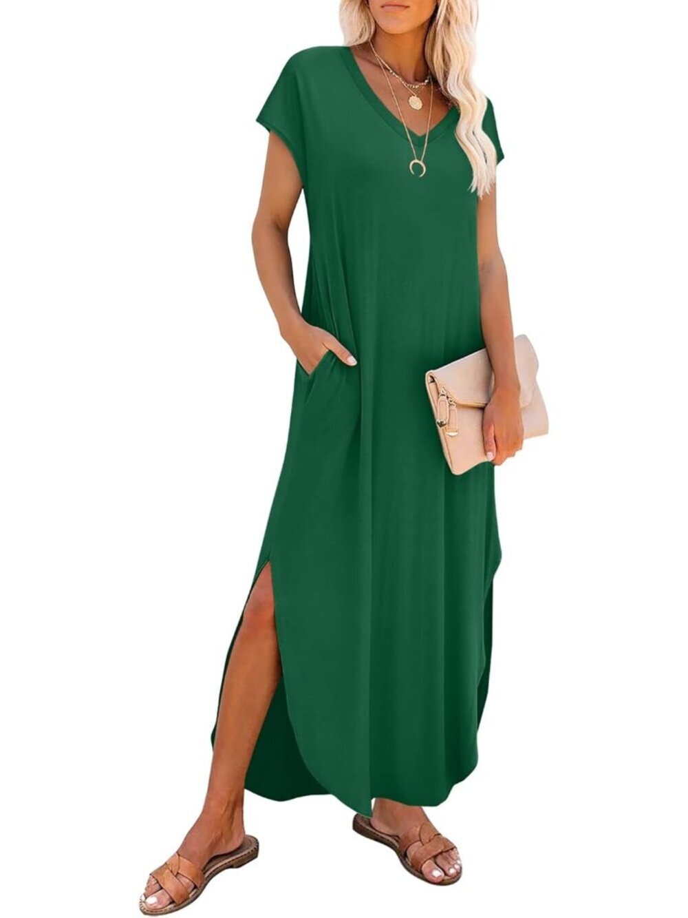 Women Dark Green V Neck Cap Sleeve Long With Pockets Pull On Casual Maxi Dresses